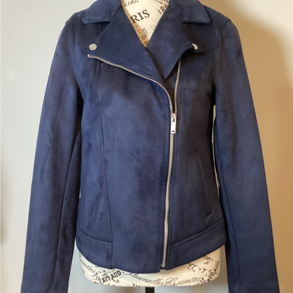 💙NWT 💙 OLD NAVY BLUE FAUX SUEDE FULL ZIP MOTO JACKET SIZE SP 2 FRONT POCKETS